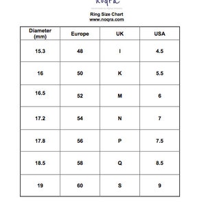 May include: A ring size chart showing the corresponding ring size in millimeters, Europe, UK, and USA. The chart shows sizes from 15.3 mm to 19 mm.