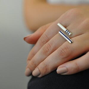 Lapis Lazuli Double Bar Ring on 925 Sterling Silver Handmade, stone cut lapislazuli parallel single strip and triple strips bars image 5