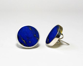 Natual Stone Lapis lazuli 925 Sterling silver round stud Earrings handmade with modern minimalist geometric design