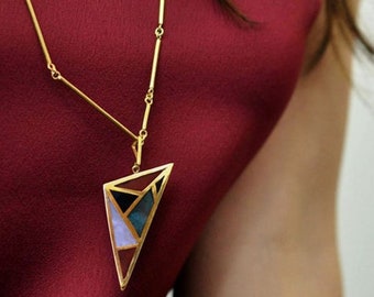 Natural Stone Colourful Agate on 18kt Gold Plated Silver Triangle Pendant, Gold-plated Brass Handmade Brass Chain