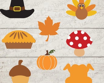 May include: A set of nine Thanksgiving-themed SVG cut files. The files include a pilgrim hat, a turkey, a maple leaf, a pumpkin, a pie, a mushroom, an acorn, and a roasted turkey. The files are perfect for creating crafts, decorations, and more.