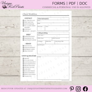 Op de afbeelding: Een zwart-witte checklist voor fotografen, getiteld "Client Workflow". De checklist bevat secties voor contact, voorbereiding, shoot, bewerkingen & levering, en het selecteren & bewerken. De checklist is ontworpen om fotografen te helpen hun klantworkflow te beheren.