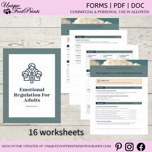 May include: A set of 16 printable worksheets for adults on emotional regulation. The worksheets are designed to help individuals manage overwhelming emotions and develop healthy coping strategies. The cover image features a stylized illustration of three people with their arms around each other, symbolizing support and connection.