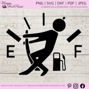 Könnte beinhalten: Schwarz-weiß-Illustration einer Person, die ein Auto mit einer Tankanzeige schiebt, die "E" und "F" anzeigt.