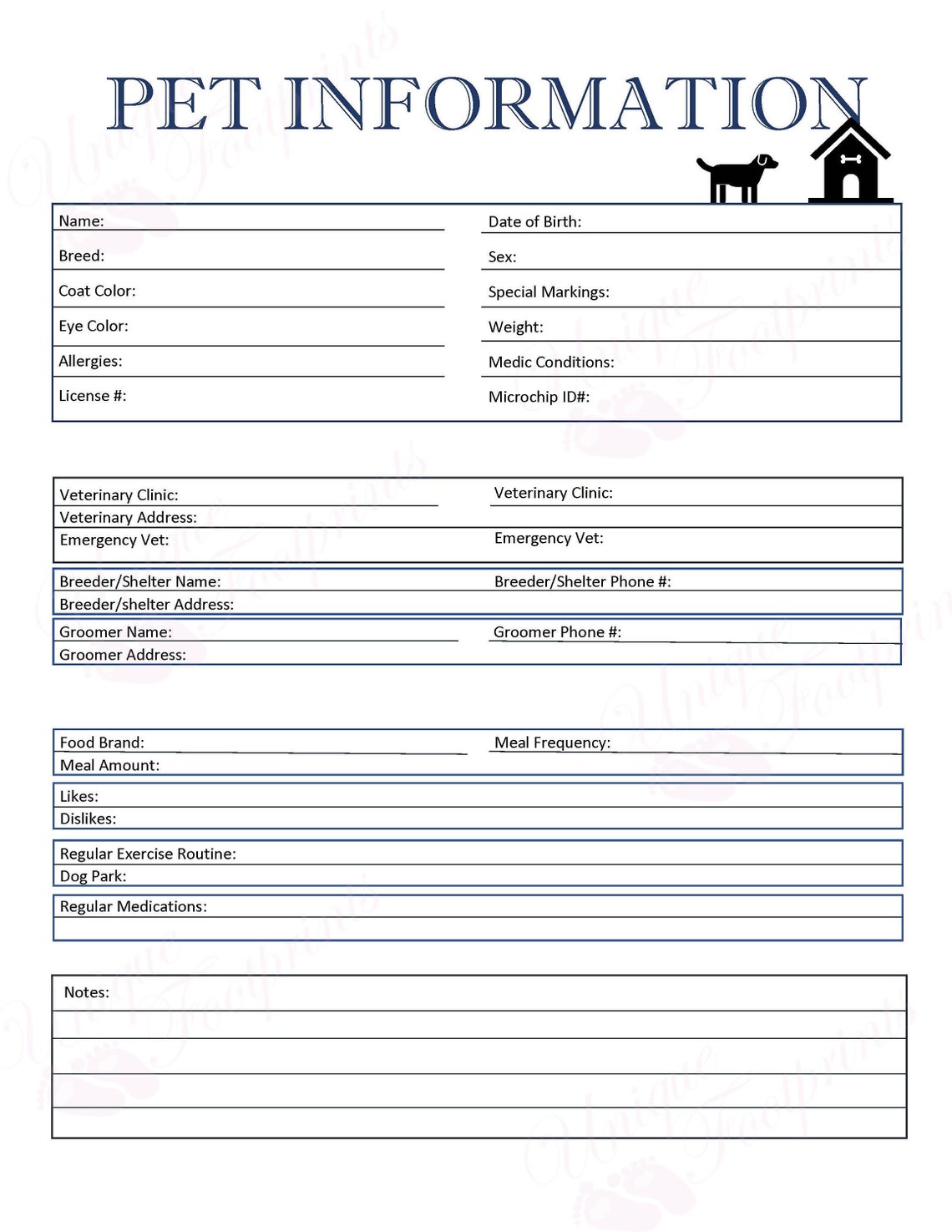 Pet Information Sheet dog Care Sheet Dogcare Business Dog Etsy