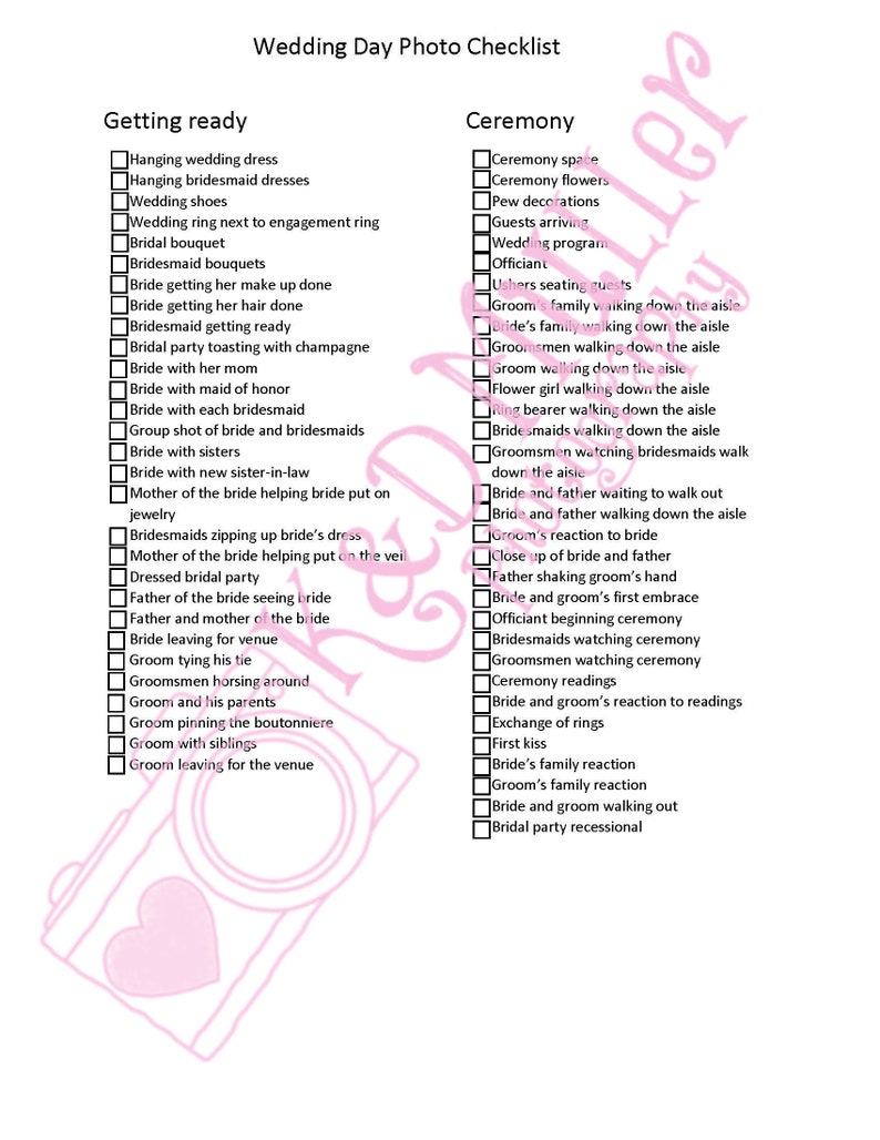 Photographer Wedding Day Checklistwedding Day List Wedding Photography
