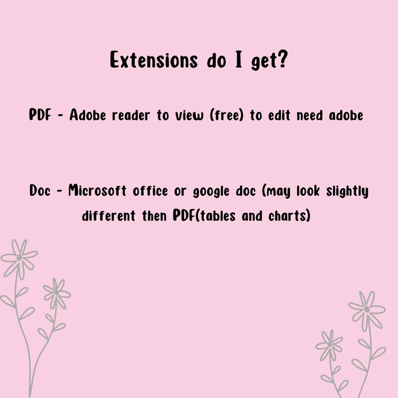 May include: A pink background with black text explaining the different file extensions and how to view and edit them. The text says "Extensions do I get?"  "PDF - Adobe reader to view (free) to edit need adobe"  "Doc - Microsoft office or google doc (may look slightly different then PDF(tables and charts)"