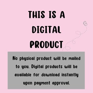 Puede incluir: Un fondo rosa con texto negro que dice "THIS IS A DIGITAL PRODUCT". Debajo del texto hay una caja gris con el texto "No se enviar&aacute; ning&uacute;n producto f&iacute;sico. Los productos digitales estar&aacute;n disponibles para descargar instant&aacute;neamente tras la aprobaci&oacute;n del pago."