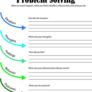 May include: A black and white printable worksheet with the title "Problem Solving". The worksheet is a diagram with five steps: Situation, Thoughts, Feelings, Behavior, and Outcome. Each step has a line for writing a description.