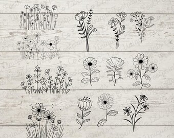 Flower Doodles SVG Bundle - Boho Floral Outline Clipart - Hand Drawn Botanical Line Art for Cricut