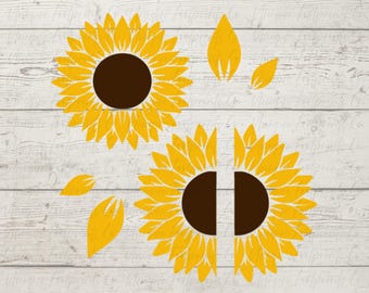 May include: Yellow sunflower digital cut files in PNG, SVG, DXF, PDF, and JPEG formats. The image includes two whole sunflowers, two halves, and several individual petals. The text in the image says "COMMERCIAL & PERSONAL USE IS ALLOWED".