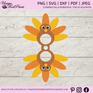 May include: Printable Thanksgiving turkey craft template with two circles for adding faces. The turkey has brown feathers, a red wattle, and yellow and orange feathers.