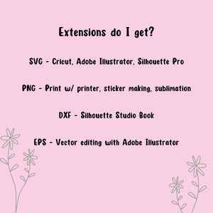 Puede incluir: Un fondo rosa con texto blanco que enumera diferentes extensiones de archivos y sus usos. El texto dice: "Extensions do I get?" SVG - Cricut, Adobe Illustrator, Silhouette Pro. PNG - Imprimir con impresora, hacer pegatinas, sublimaci&oacute;n. DXF - Silhouette Studio Book. EPS - Edici&oacute;n vectorial con Adobe Illustrator.