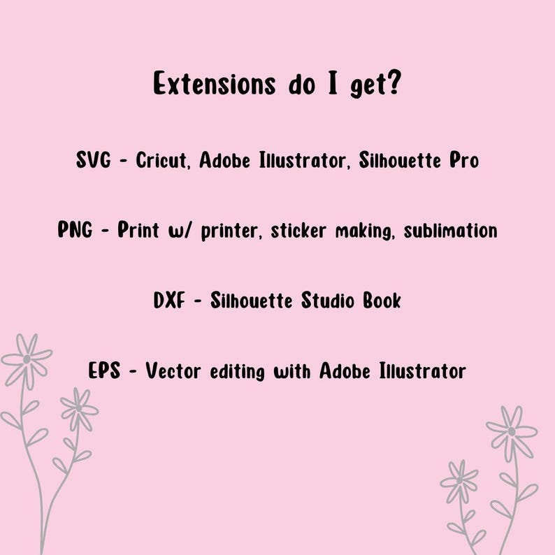 Puede incluir: Un fondo rosa con texto blanco que enumera diferentes extensiones de archivos y sus usos. El texto dice: "Extensions do I get?" SVG - Cricut, Adobe Illustrator, Silhouette Pro. PNG - Imprimir con impresora, hacer pegatinas, sublimaci&oacute;n. DXF - Silhouette Studio Book. EPS - Edici&oacute;n vectorial con Adobe Illustrator.