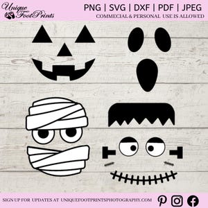 May include: Four black and white Halloween face cutouts. The faces are a pumpkin, a ghost, a mummy, and a Frankenstein. The faces are on a white wood background.