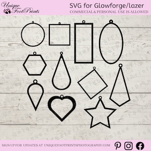 Op de afbeelding: Een set van 11 zwart-witte SVG-oorringontwerpen voor Glowforge of lasersnijden. De ontwerpen omvatten een cirkel, een vierkant, een rechthoek, een ovaal, een zeshoek, een traan, een ruit, een driehoek, een hart, een ster en een puntig ovaal.