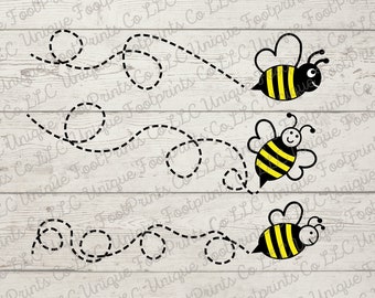 May include: Three black and white bee illustrations with yellow stripes and smiling faces. Each bee is flying along a dotted line path.