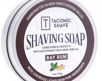 Taconic Shave Bay Rum Shaving Soap with Antioxidant Rich Hemp Seed Oil - Made in USA - Large 4 oz Puck - Barbershop Quality