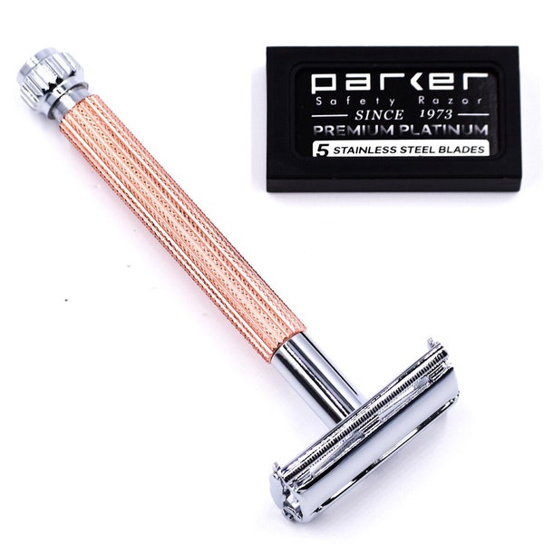 Parker 29L Rose Gold - Long Handle Butterfly Open Unisex Double Edge Safety Razor & 5 Parker Premium Platinum DE Blades