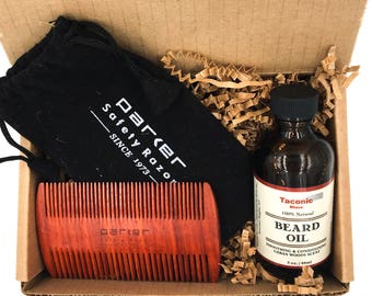 Beard Care Gift Set with Taconic Shave All Natural Beard Oil with Organic Oils & Parker Handmade Rosewood Beard Comb