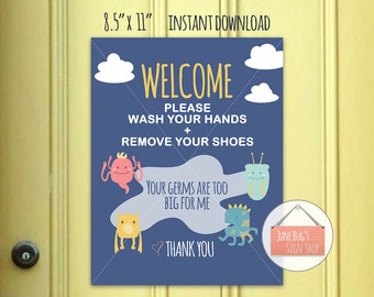 Wash Hands Welcome Sign, PRINTABLE INSTANT DOWNLOAD, Front Door Sign, Newborn Sign, Remove Your Shoes, Preemie, Germ Free Sign, 8.5"x11"