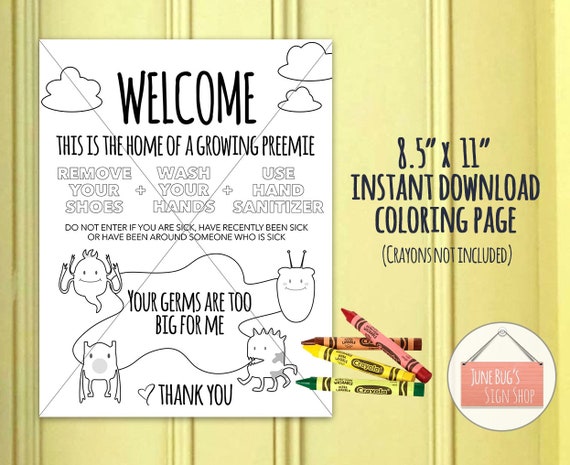 Coloring Page Wash Hands Welcome Sign Printable Instant Etsy
