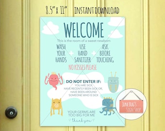 Wash Hands Welcome Sign, PRINTABLE INSTANT DOWNLOAD, Hospital Door Sign, Newborn Sign, Preemie, Germ Free Sign, 8.5"x11"