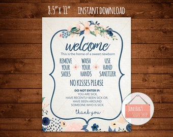Newborn Wash Hands Welcome Sign, Blue Border, INSTANT DOWNLOAD ONLY, Front Door Sign, No Kissing, Sanitize Hands, Remove Shoes, Shower Gift