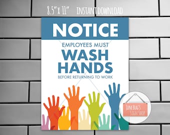 Wash Hands Sign, PRINTABLE INSTANT DOWNLOAD, Employees Must Wash Hands Before Returning to Work