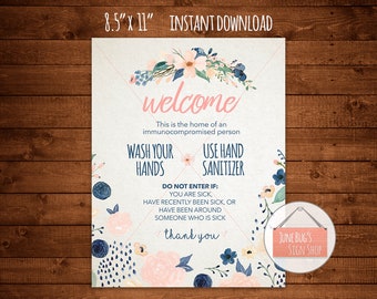 Wash Hands Sign, PRINTABLE INSTANT DOWNLOAD, Home Door Sign, Immunocompromised, Cancer Sign, Chemo Sign, Breast Cancer Sign