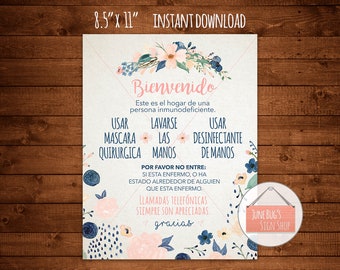 Español, Wash Hands Welcome Sign, PRINTABLE INSTANT DOWNLOAD, Front Door Sign, Immunocompromised, Chemo Sign, Breast Cancer Sign