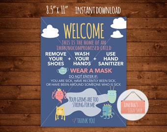 Wash Hands Welcome Sign, PRINTABLE INSTANT DOWNLOAD, Front Door Sign, Immunocompromised Child, Preemie Sign, Germ Sign, Wear a Mask