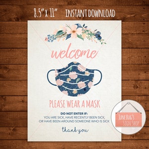 Wear A Mask Sign, Printable, INSTANT DOWNLOAD, Floral, Please Wear A Mask, Cover Your Face, Mask Sign, Mask Required, Face Mask Required