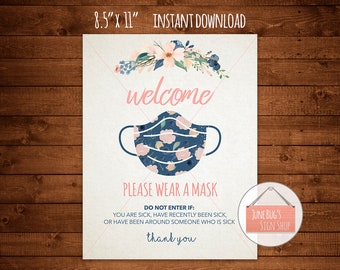 Wear A Mask Sign, Printable, INSTANT DOWNLOAD, Floral, Please Wear A Mask, Cover Your Face, Mask Sign, Mask Required, Face Mask Required