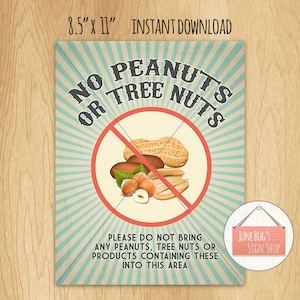 Tree Nut Allergy Sign, PRINTABLE INSTANT DOWNLOAD, Classroom, Daycare or Home Sign, Nut Allergy, Peanut Allergy