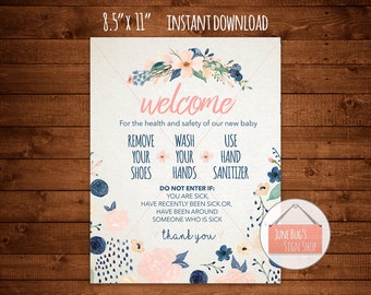 Wash Hands Welcome Sign, PRINTABLE INSTANT DOWNLOAD, Front Door Sign, Immunocompromised, Cancer Sign, Chemo Sign, Breast Cancer Sign