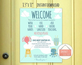 Wash Hands Welcome Sign, PRINTABLE INSTANT DOWNLOAD, Hospital Door Sign, Newborn Sign, Preemie, Germ Free Sign, 8.5"x11"