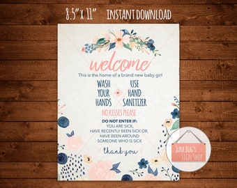 Baby Girl Wash Hands Welcome Sign, PRINTABLE INSTANT DOWNLOAD, Front Door Sign, No Kissing, Sanitize Hands, Baby Shower Gift