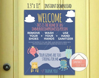 Wash Hands Welcome Sign, PRINTABLE INSTANT DOWNLOAD, Front Door Sign, Immunocompromised Person