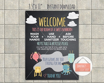 Newborn Wash Hands Sign, PRINTABLE INSTANT DOWNLOAD, Chalkboard sign, No kisses, No pictures