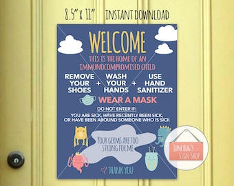 Wash Hands Welcome Sign, Wear a Mask, PRINTABLE INSTANT DOWNLOAD, Front Door Sign, Immunocompromised Child, Preemie Sign