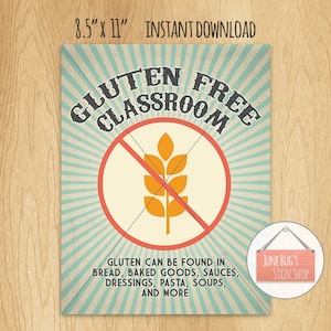 Gluten Free Sign, PRINTABLE INSTANT DOWNLOAD, Classroom, Daycare or ...