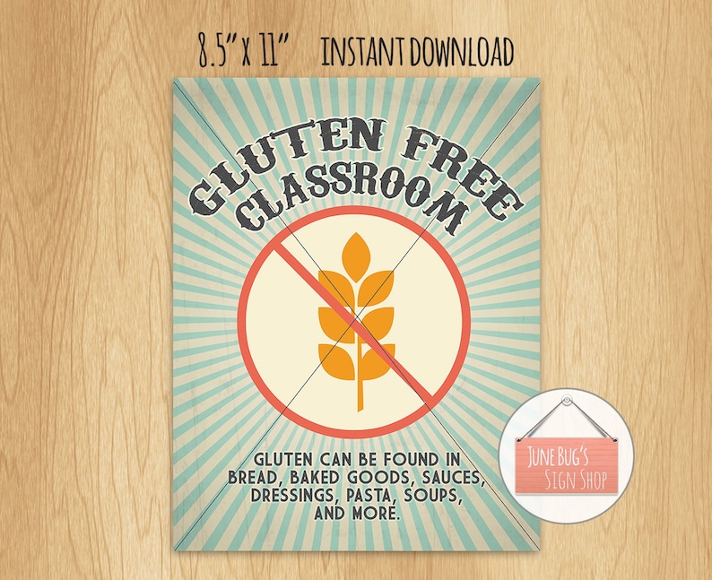 Gluten Free Sign, PRINTABLE INSTANT DOWNLOAD, Classroom, Daycare or ...