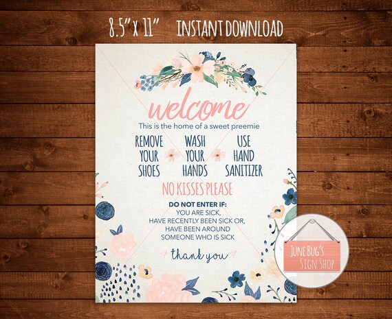 Preemie Wash Hands Welcome Sign Printable Instant Download Front Door Sign No Kissing Sanitize Hands Remove Shoes No Touching