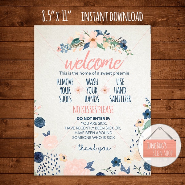 Preemie Wash Hands Welcome Sign, PRINTABLE INSTANT DOWNLOAD, Front Door Sign, No Kissing, Sanitize Hands, Remove Shoes, No Touching