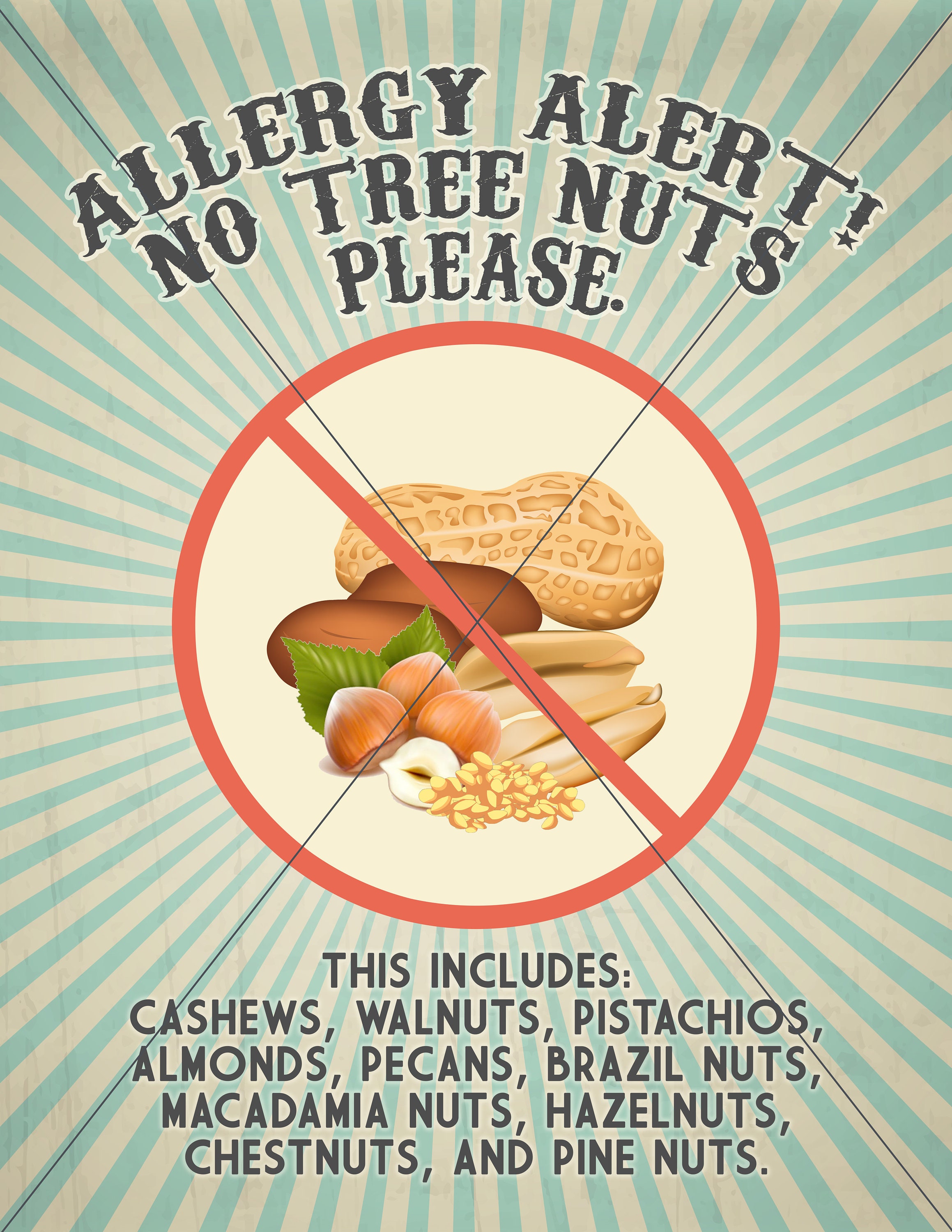 Customizeable Tree Nut Allergy Sign, PRINTABLE INSTANT DOWNLOAD