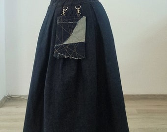 Denim Maxi Skirt 2in1 with Tulle/Denim  Kilt Skirt /Irregular denim skirt/Long Denim Skirt from sustainable denim/Zero waste fashion