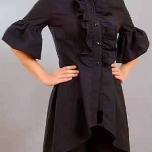 Black Asymmetric Long Shirt Dress, Asymmetric Black Shirt, Shirt with Ruffles, Stylish Black Shirt Dress