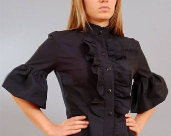 Black Asymmetric Long Shirt Dress, Asymmetric Black Shirt, Shirt with Ruffles, Stylish Black Shirt Dress