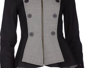 Pure Black Wool Women's Jacket, Tweed jacket with zip